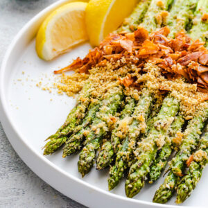 grilled asparagus with vegan parmesan cheese