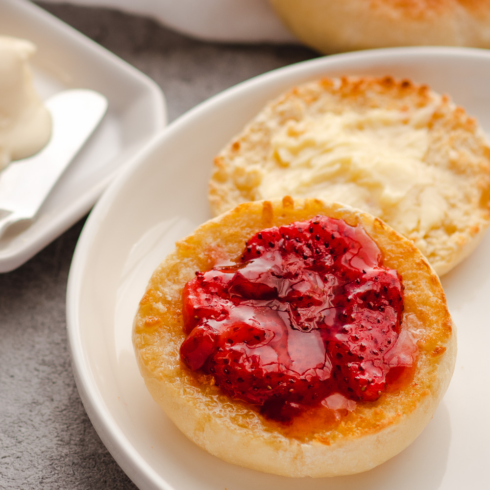 an image of vegan English muffins with strawberry jam
