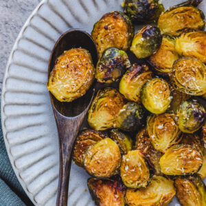 an image of oven roasted brussel sprouts with maple glaze