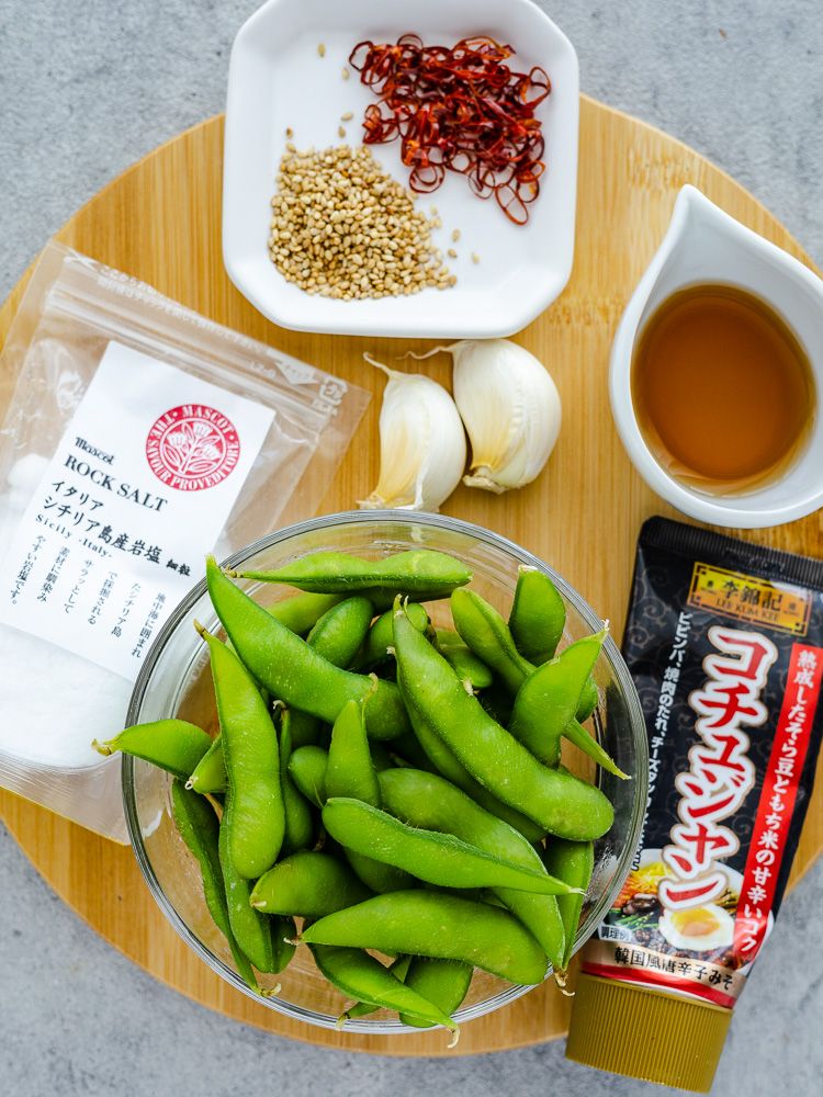 an image of ingredients for spicy garlic edamame