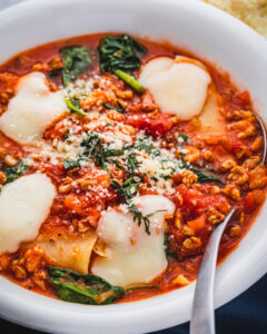 an image of vegan lasagna a soup in a bowl