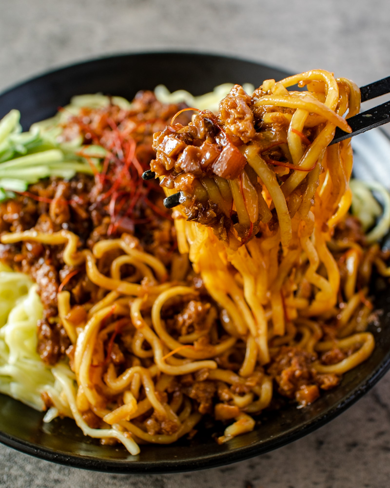 an image of vegan Zha Jiang Mian - fried sauce noodles
