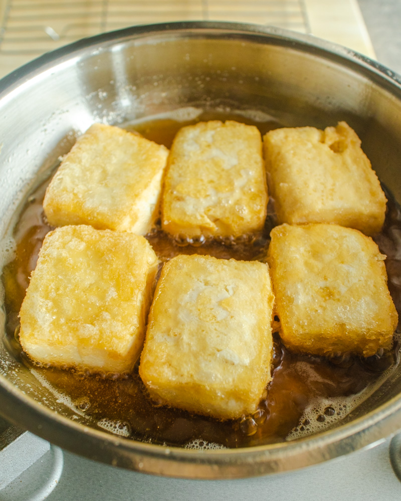 an image of Agedashi tofu in a frying pan